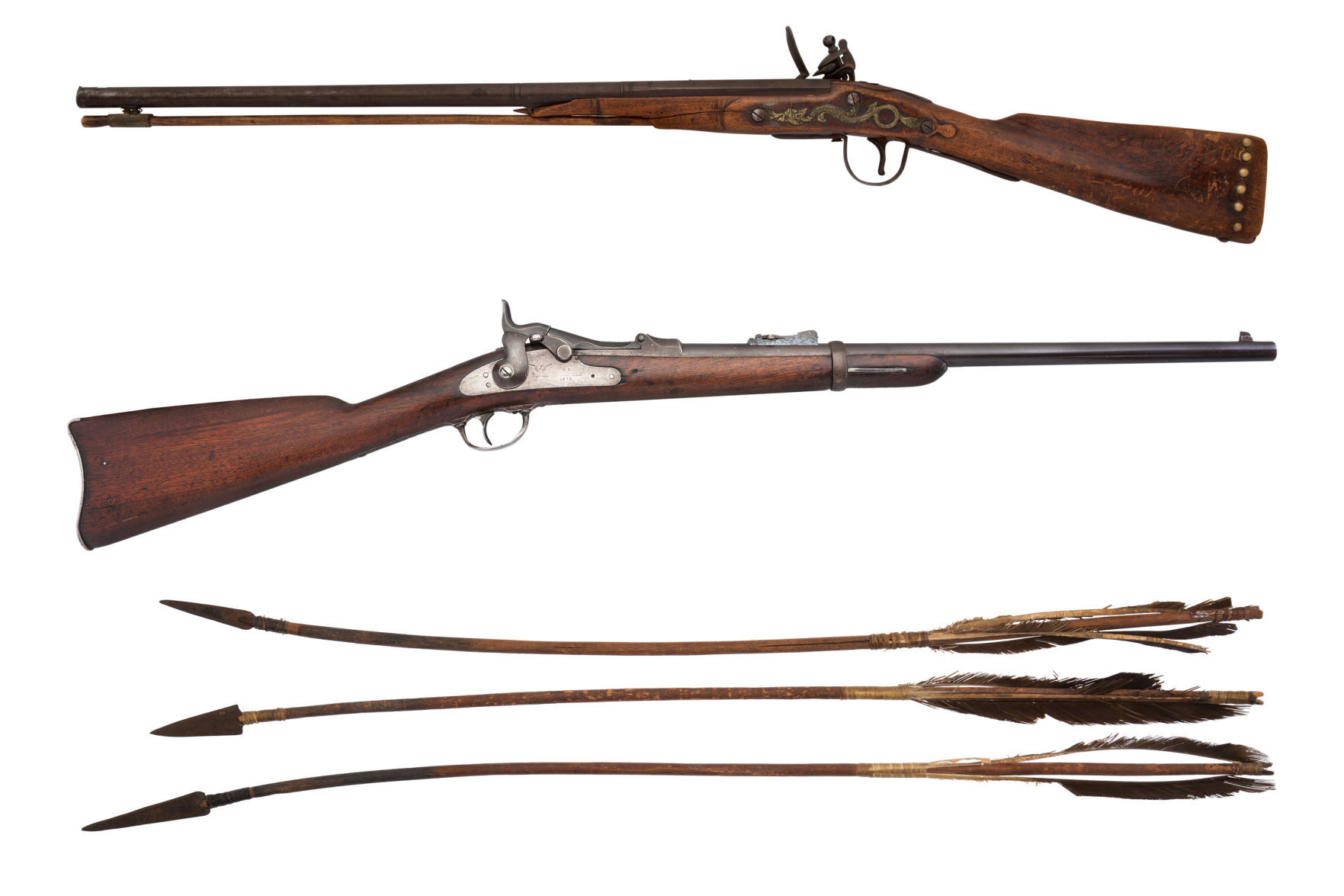 Sitting Bull's flintlock carbine, U.S. Springfield trapdoor carbine and three Sioux arrows